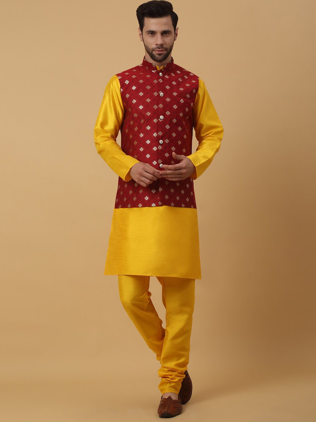 

KRAFT INDIA Regular Kurta with Churidar With Jacquard Ethnic Nehru Jacket, Yellow