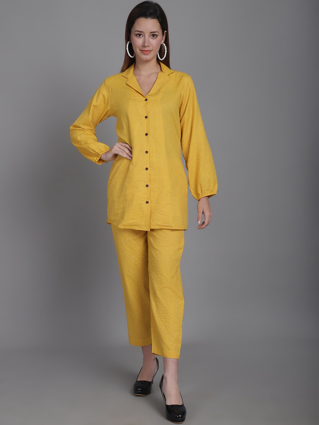 

Enchanted Drapes Striped Pure Cotton Shirt with Trousers, Yellow