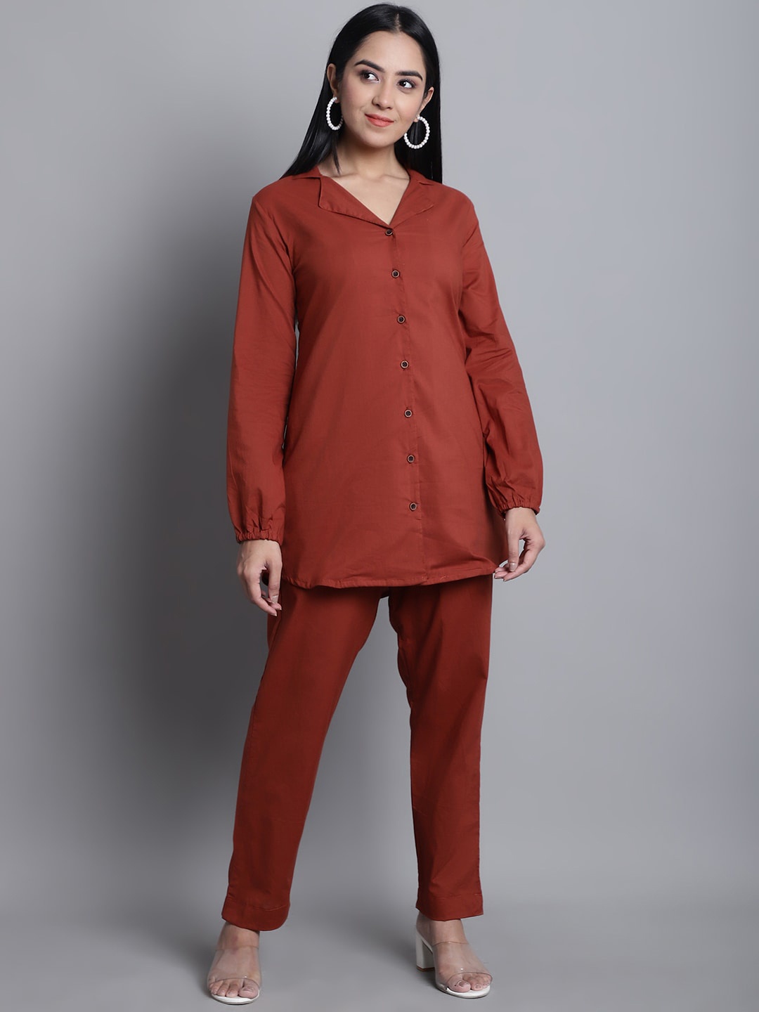 

Enchanted Drapes Shirt Collar Pure Cotton Co-Ords Set, Maroon