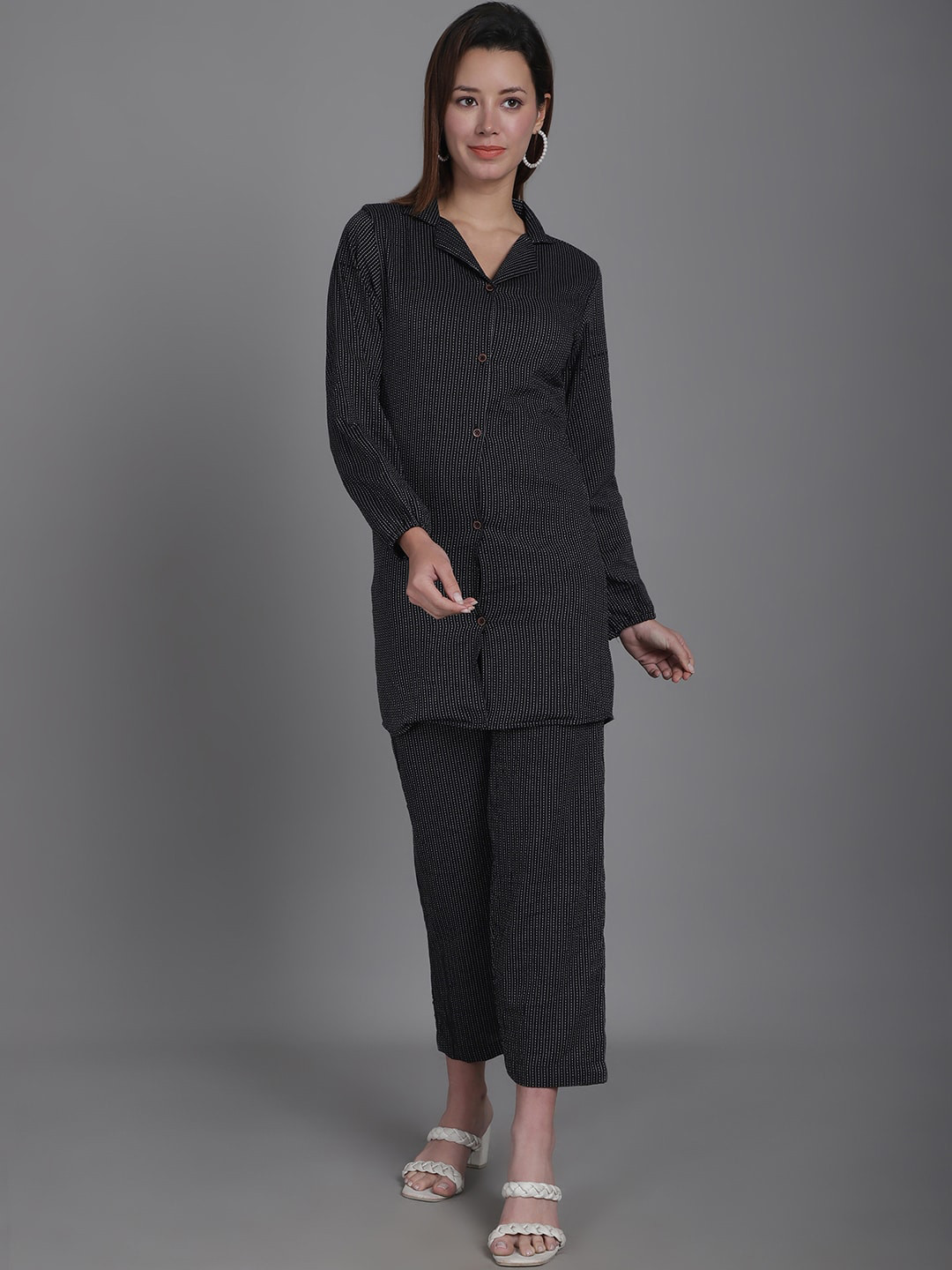 

Enchanted Drapes Striped Pure Cotton Shirt with Trousers, Black
