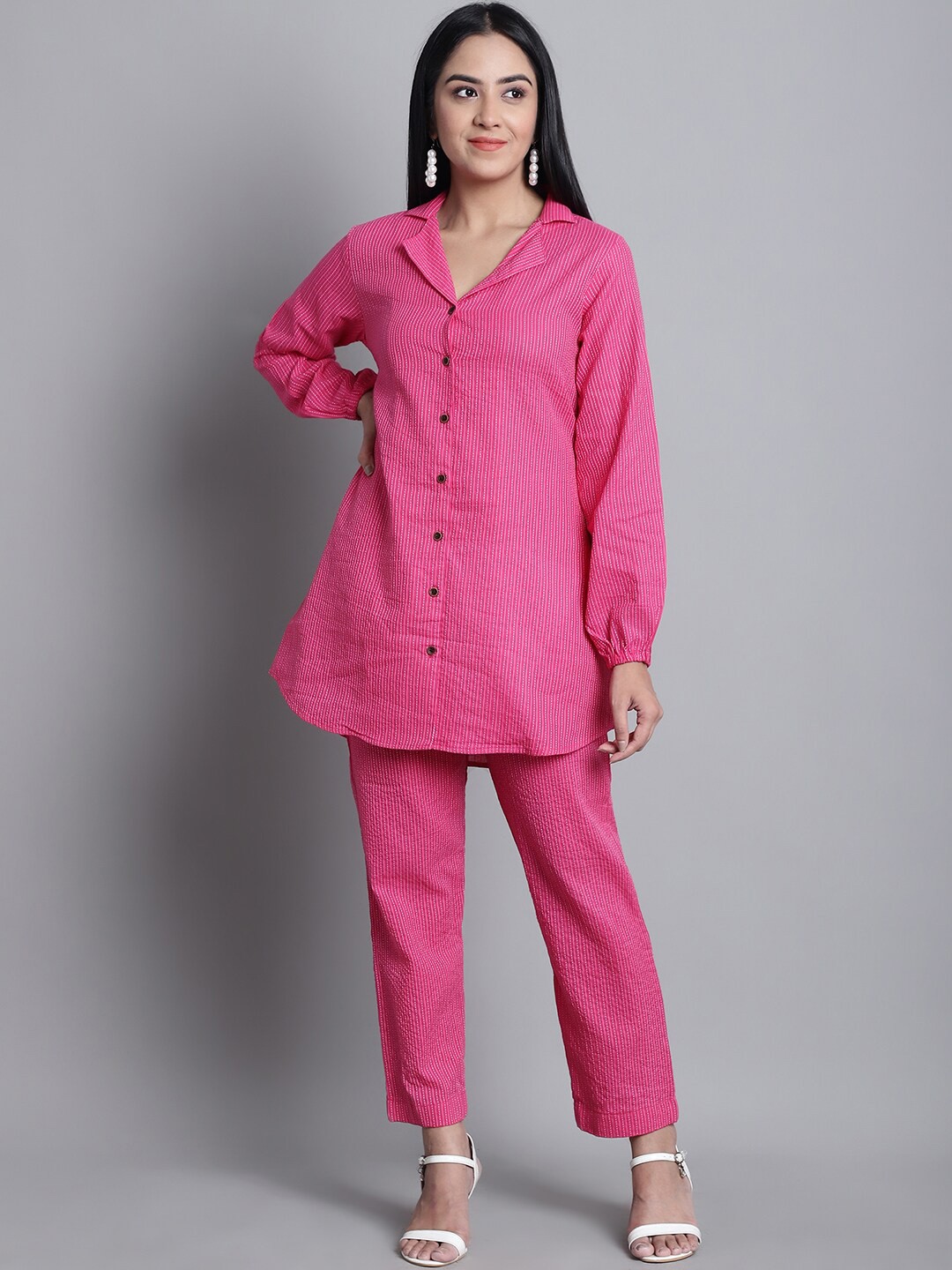 

Enchanted Drapes Striped Pure Cotton Shirt with Trousers, Pink