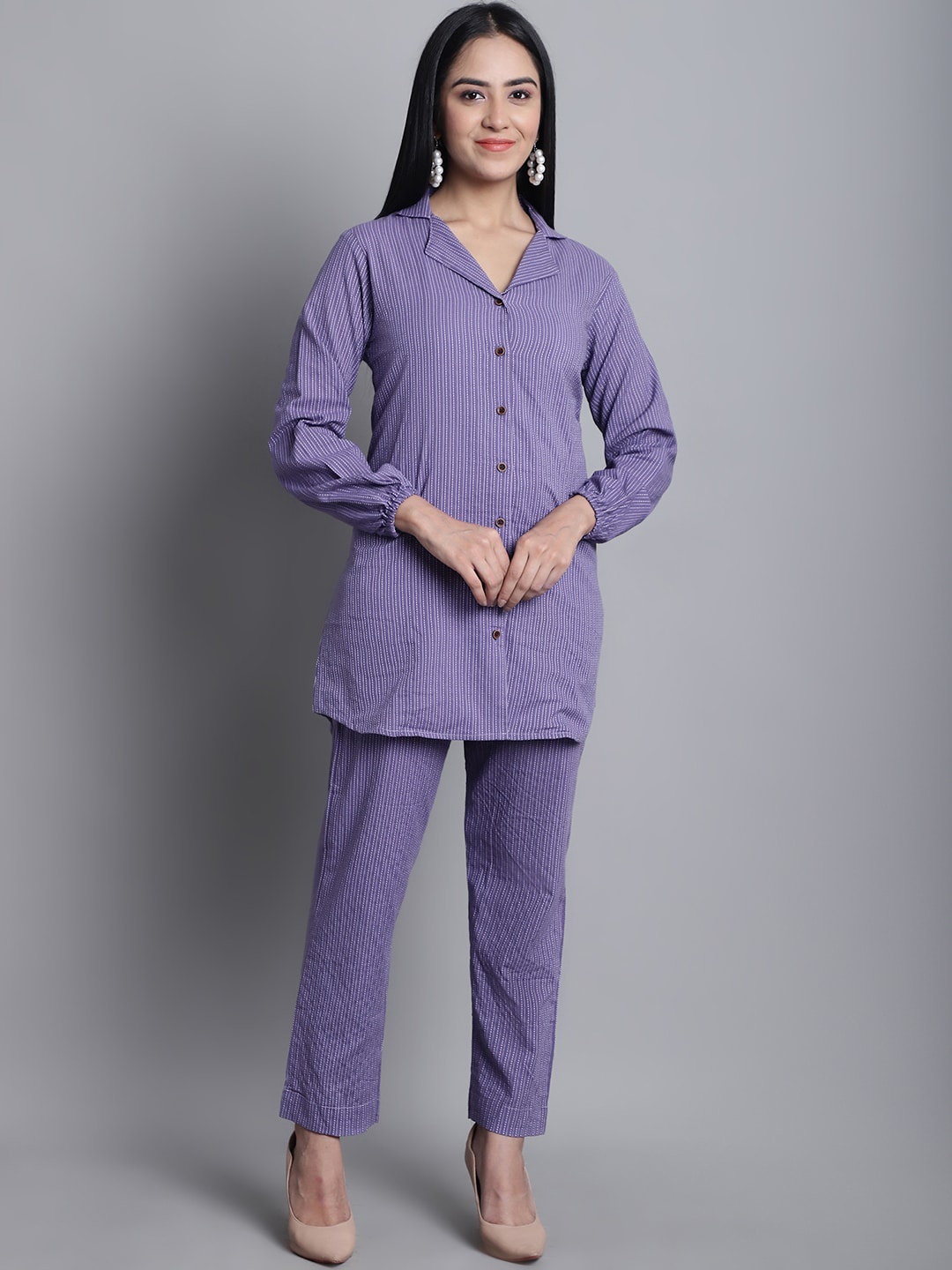 

Enchanted Drapes Striped Pure Cotton Shirt With Trousers, Purple