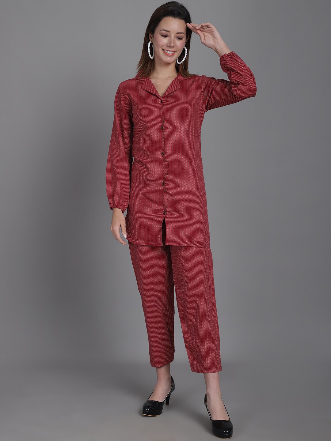 

Enchanted Drapes Striped Pure Cotton Shirt with Trousers, Maroon