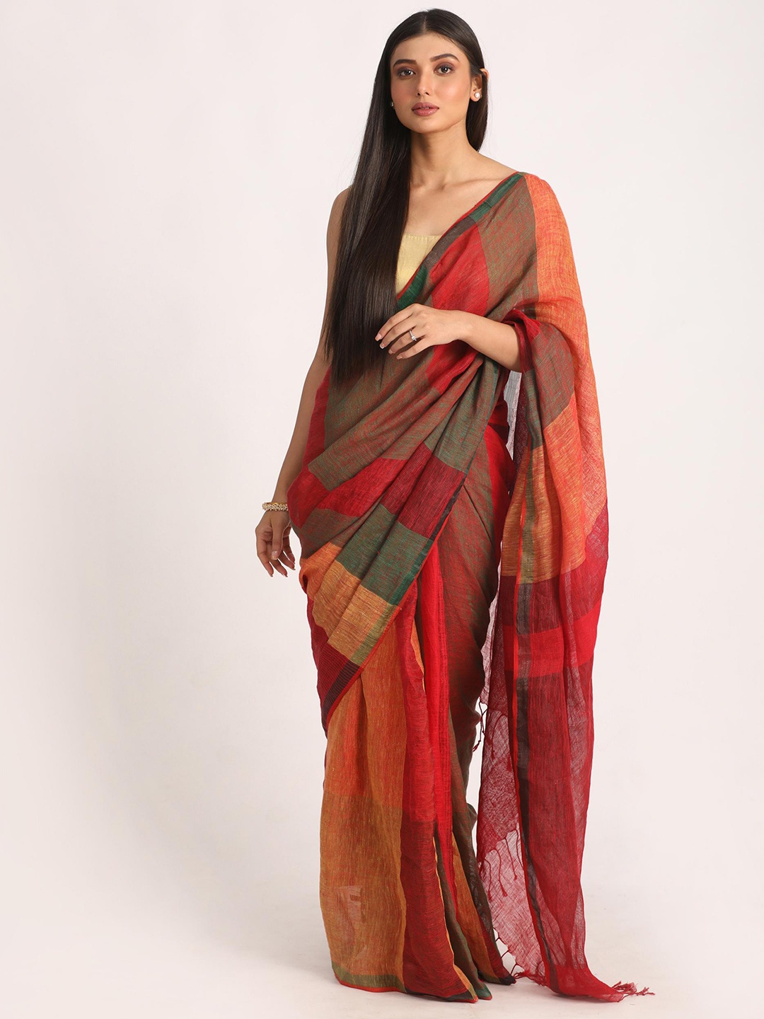 

Angoshobha Geometric Woven Design Pure Linen Saree, Red