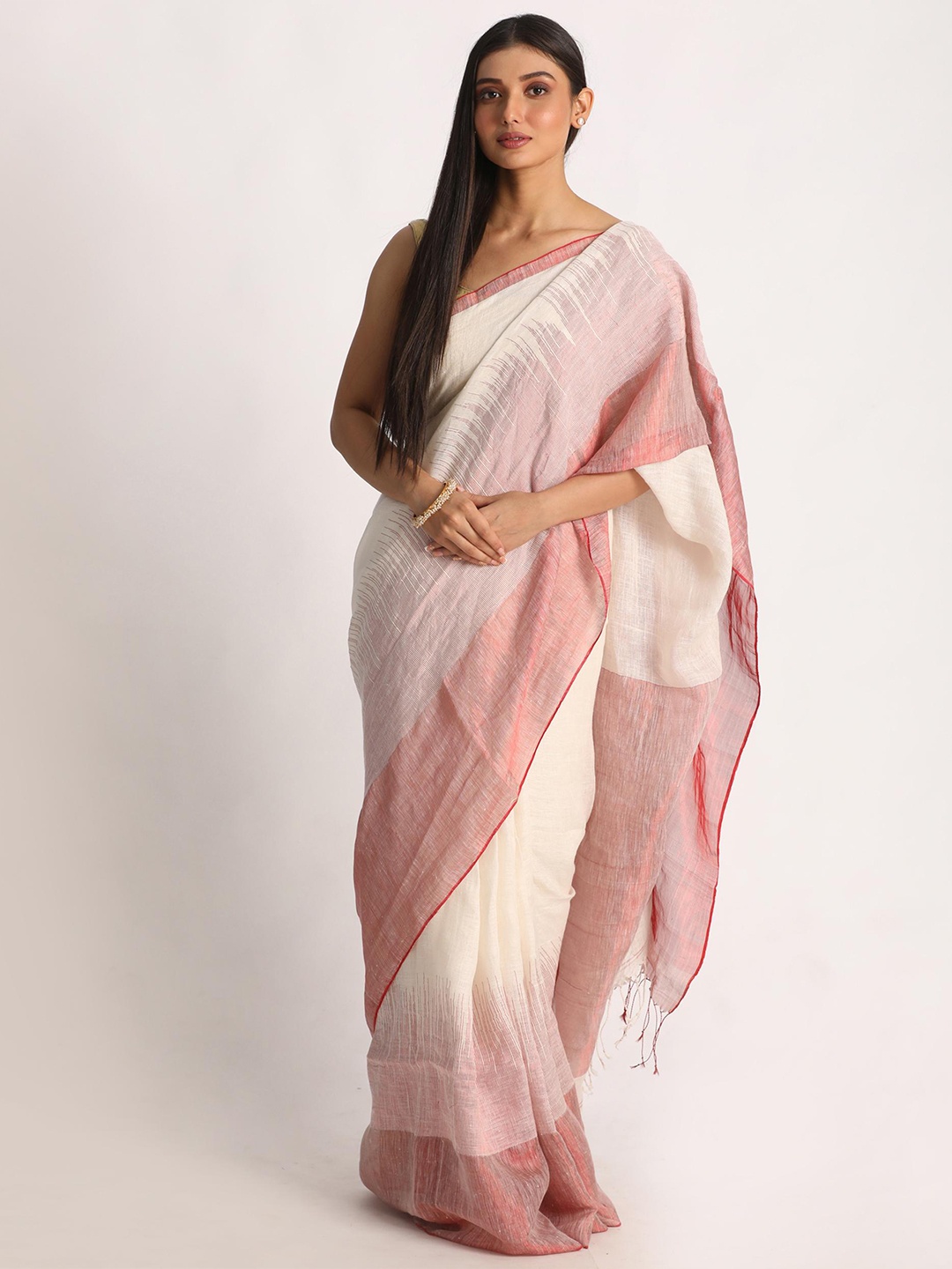 

Angoshobha Woven Design Pure Linen Saree, Off white