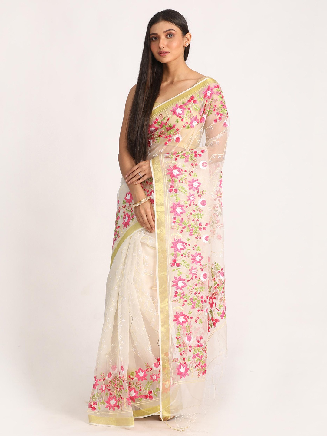 

Angoshobha Floral Embroidered Art Silk Saree, Off white