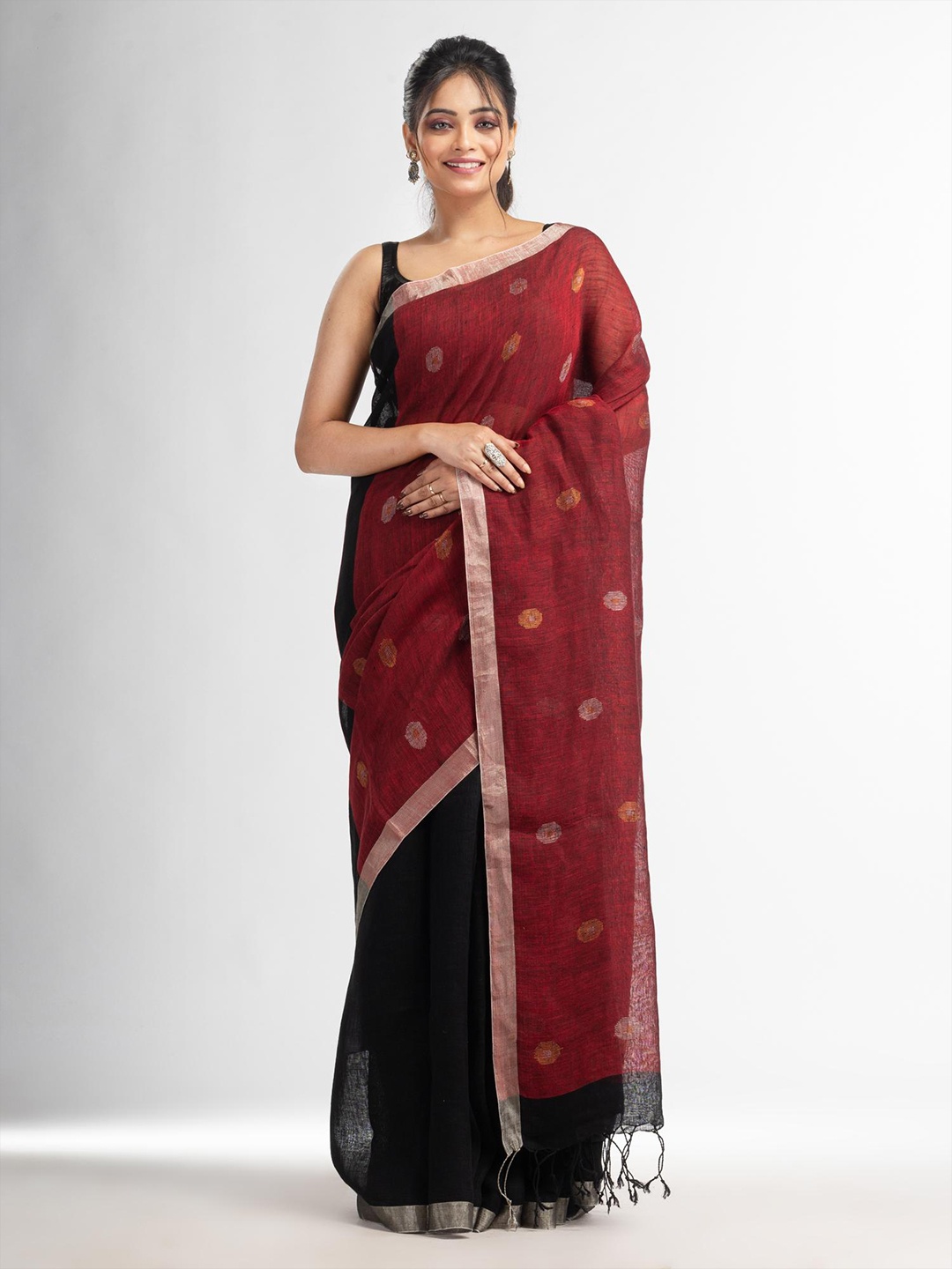 

Angoshobha Floral Woven Design Zari Pure Linen Half & Half Saree, Red