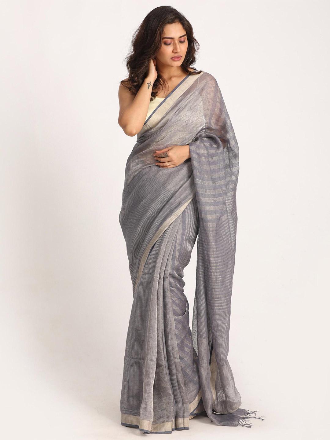 

Angoshobha Striped Zari Pure Linen Saree, Blue