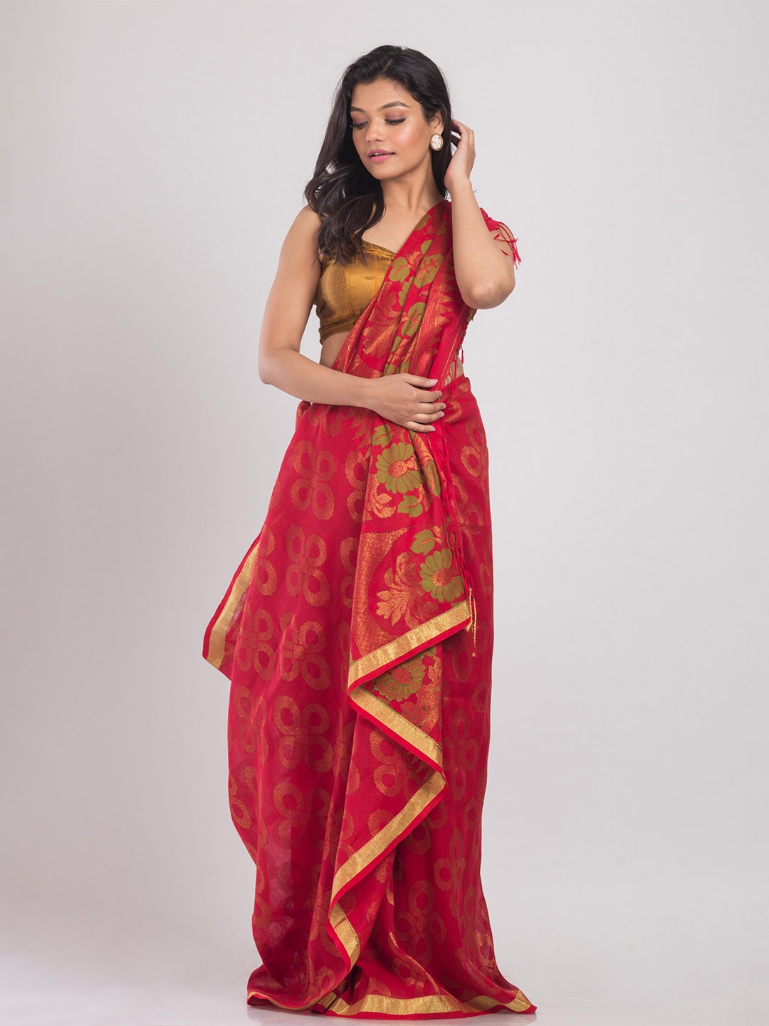 

Angoshobha Ethnic Motifs Woven Design Zari Pure Linen Saree, Red
