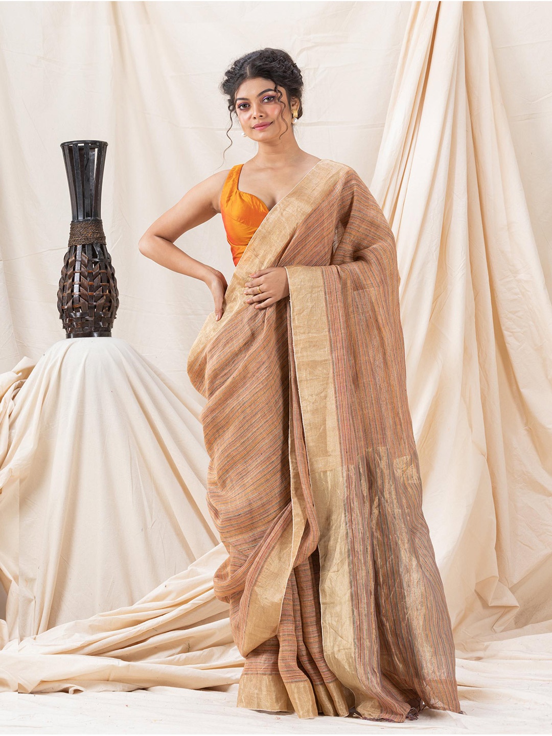 

Angoshobha Woven Design Zari Pure Linen Saree, Brown