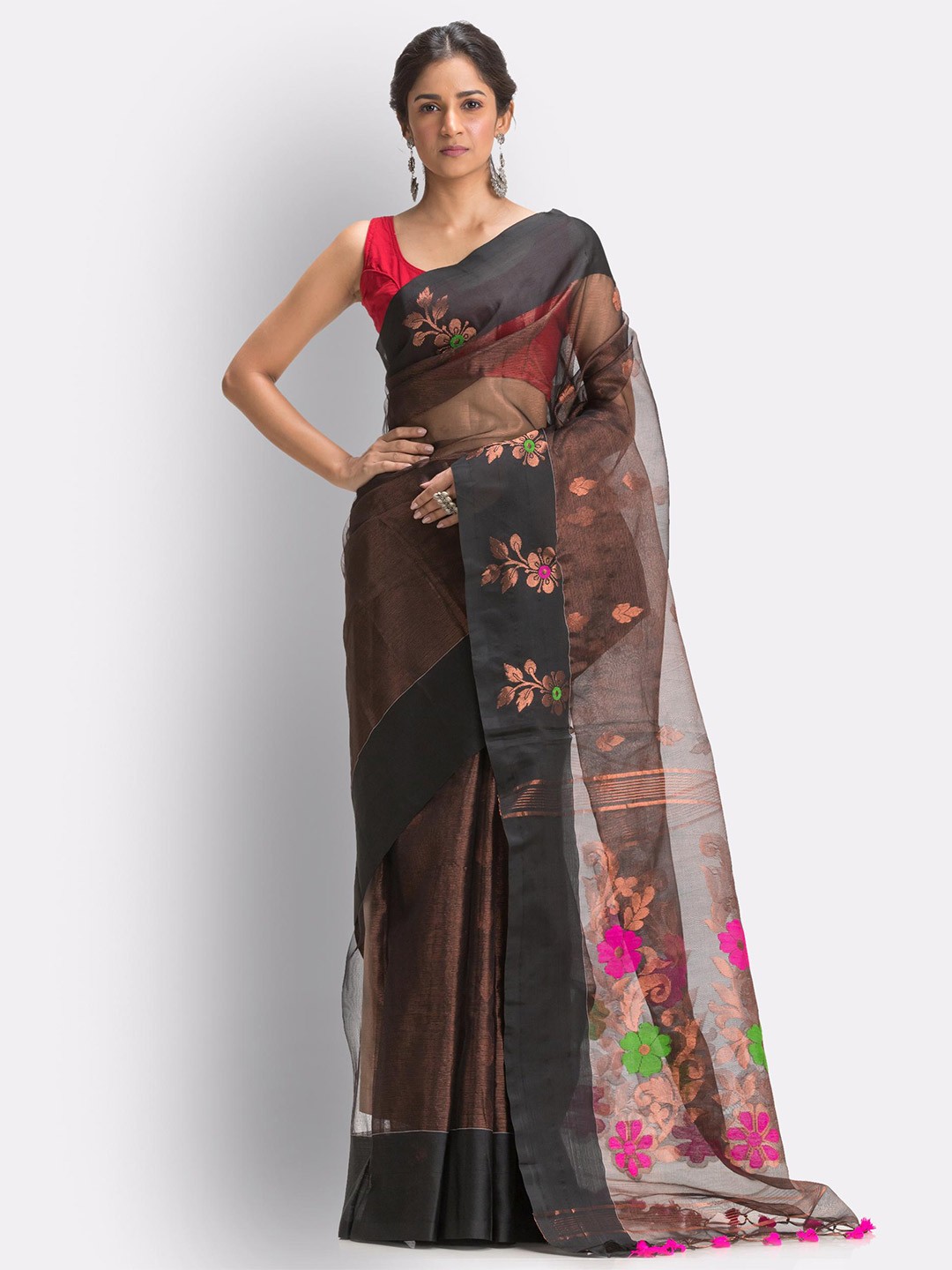 

Angoshobha Floral Woven Design Zari Art Silk Jamdani Saree, Black