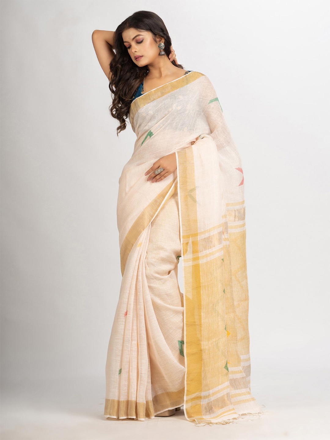 

Angoshobha Geometric Woven Design Pure Linen Jamdani Saree, Pink