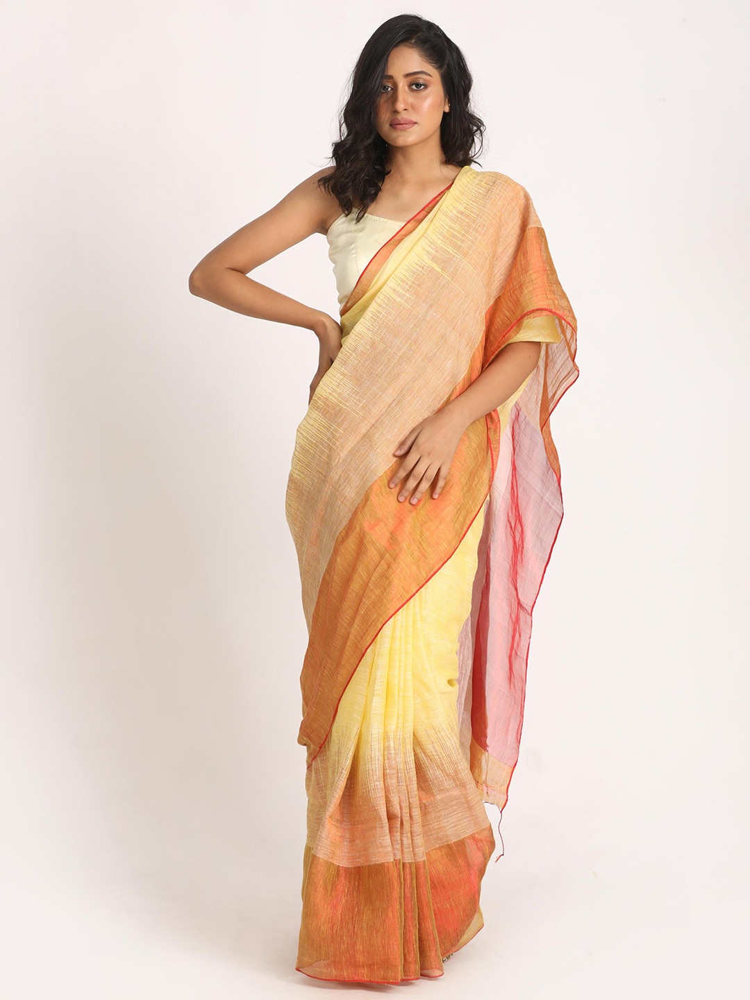 

Angoshobha Zari Pure Linen Saree, Green