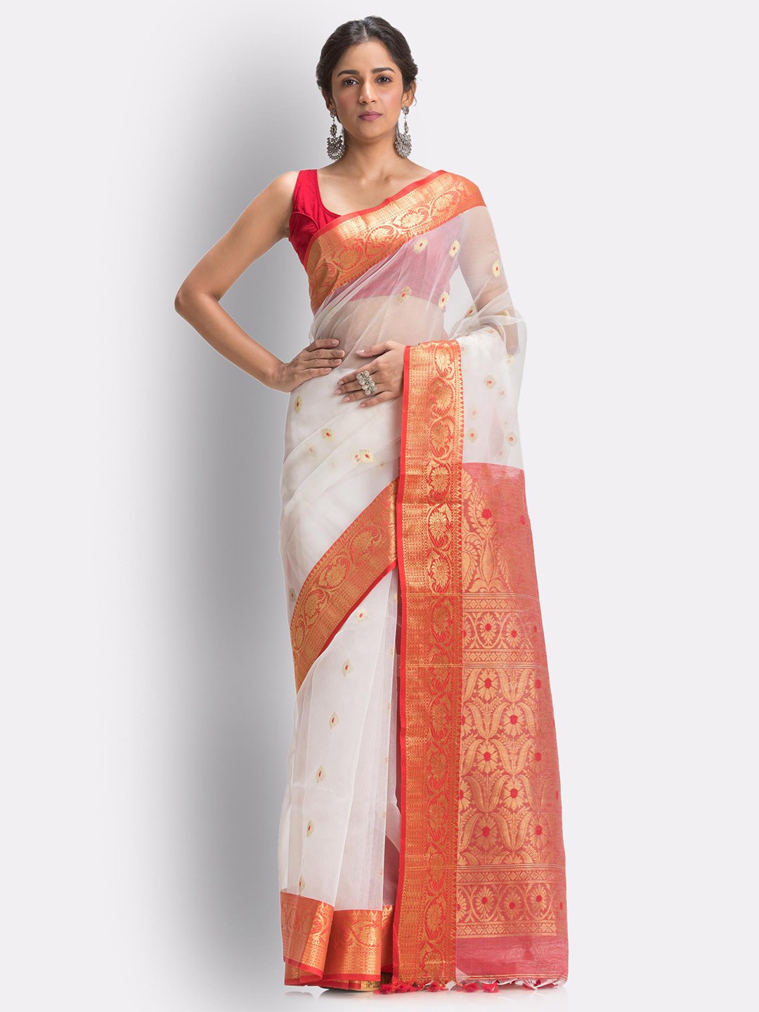 

Angoshobha Floral Woven Design Zari Art Silk Saree, White