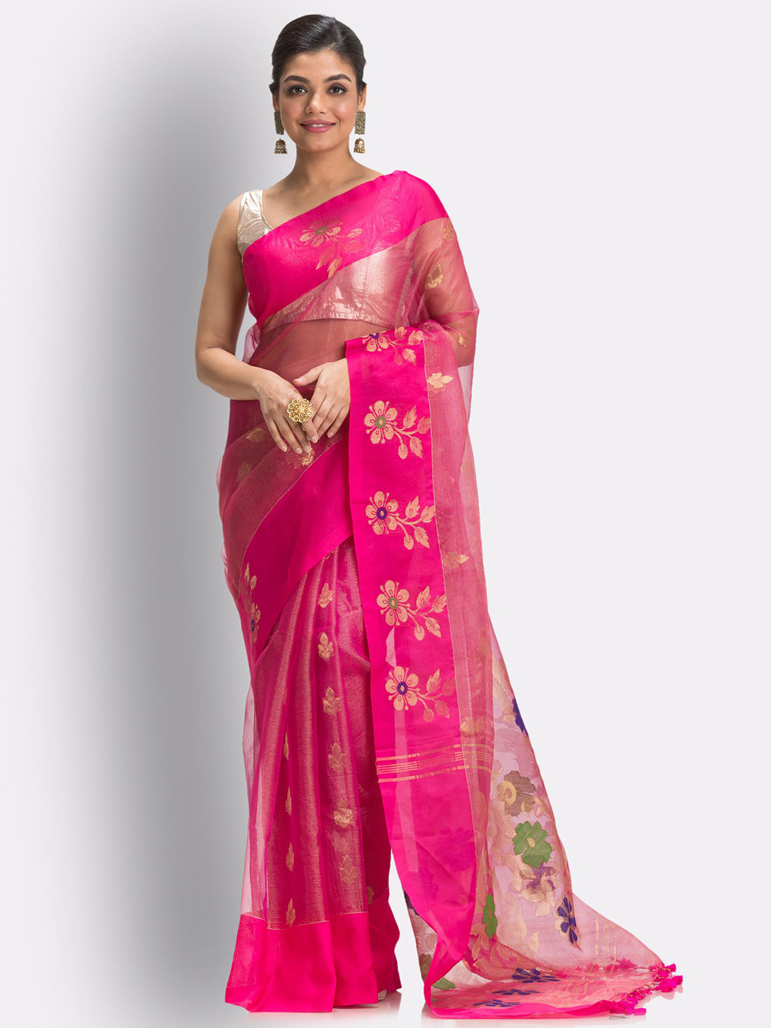 

Angoshobha Floral Woven Design Art Silk Jamdani Saree, Pink