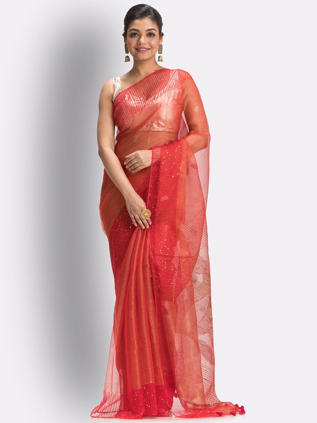 

Angoshobha Embellished Sequinned Art Silk Jamdani Saree, Red