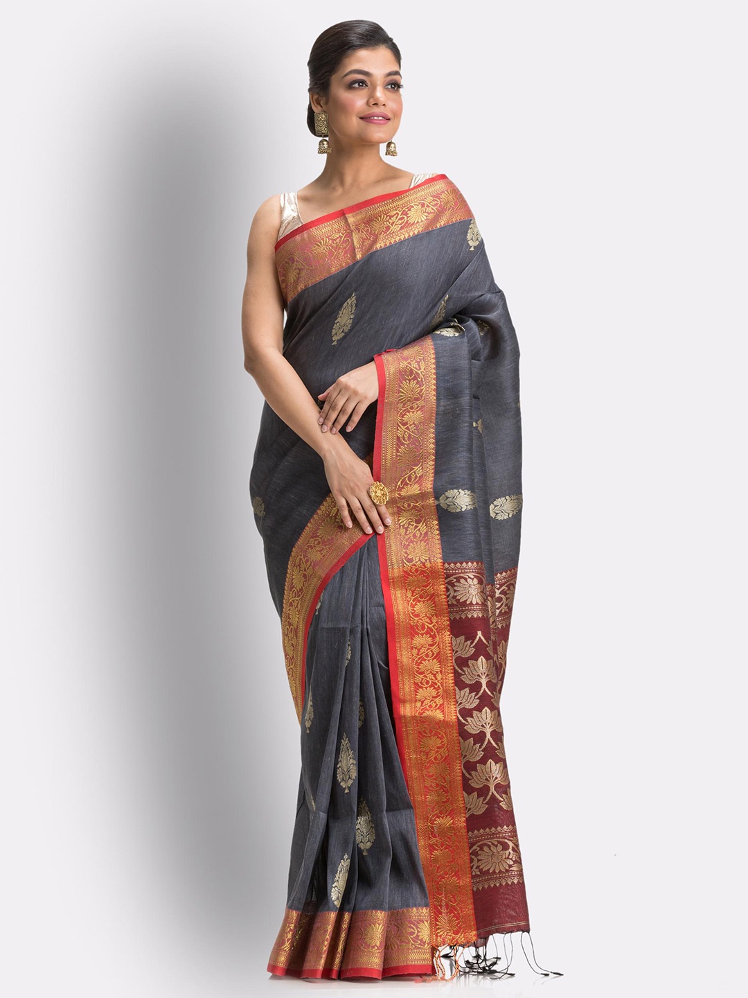 

Angoshobha Ethnic Motifs Zari Pure Linen Saree, Grey