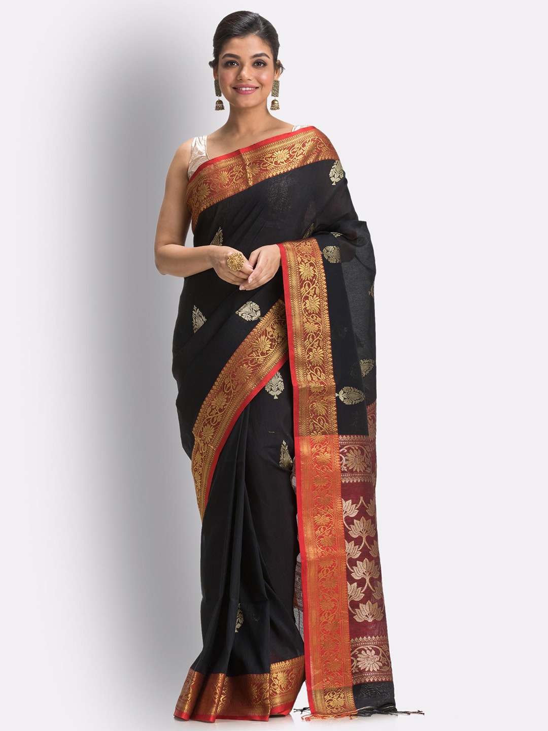 

Angoshobha Ethnic Motifs Woven Design Zari Pure Linen Saree, Black