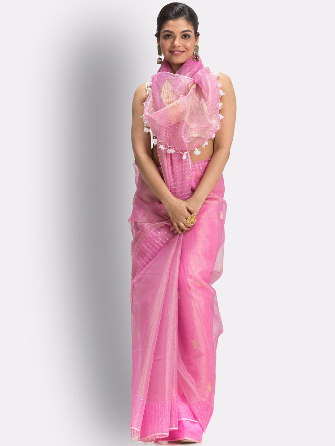 

Angoshobha Geometric Woven Design Art Silk Jamdani Saree, Pink