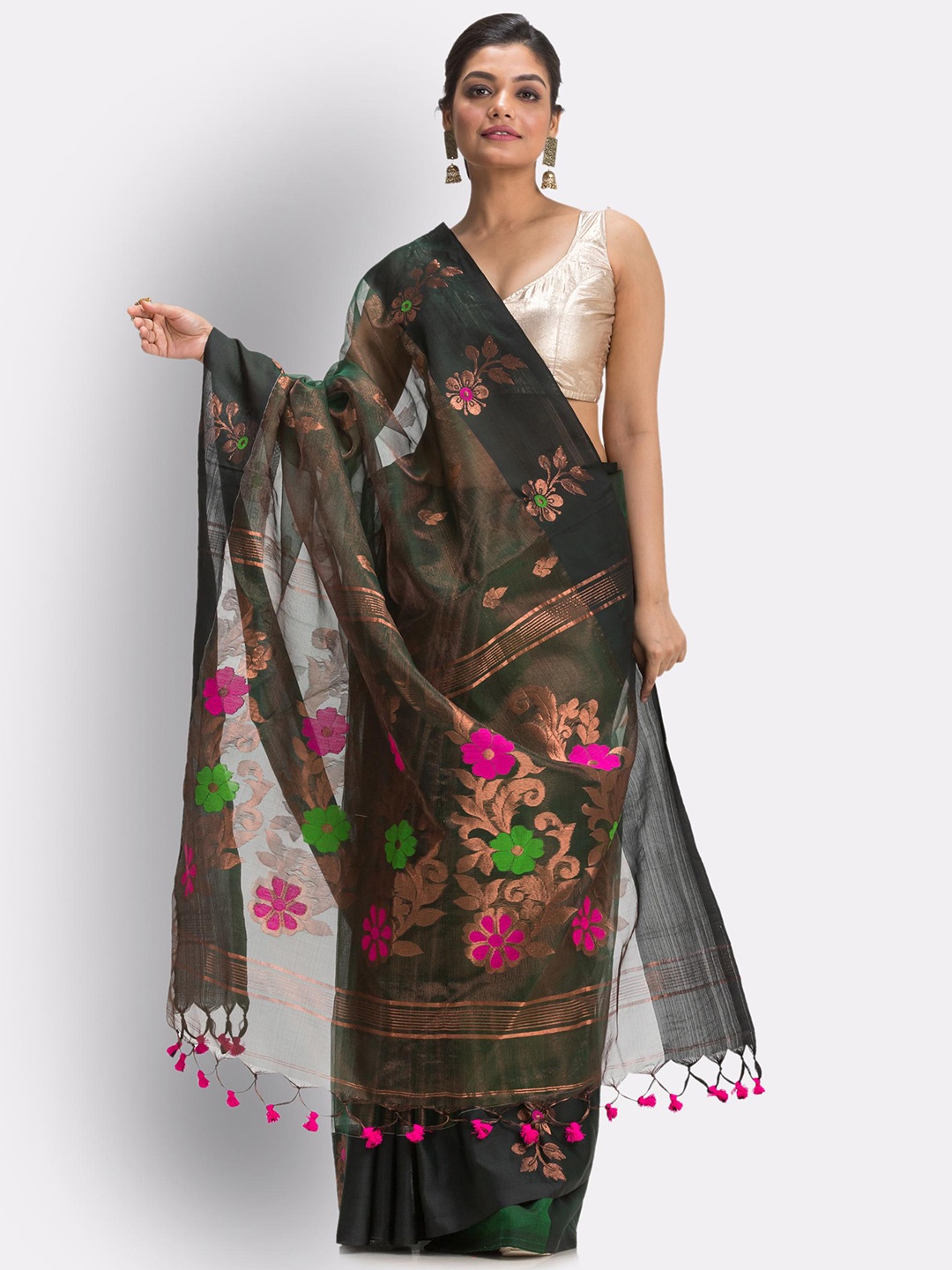 

Angoshobha Floral Woven Design Art Silk Jamdani Saree, Copper