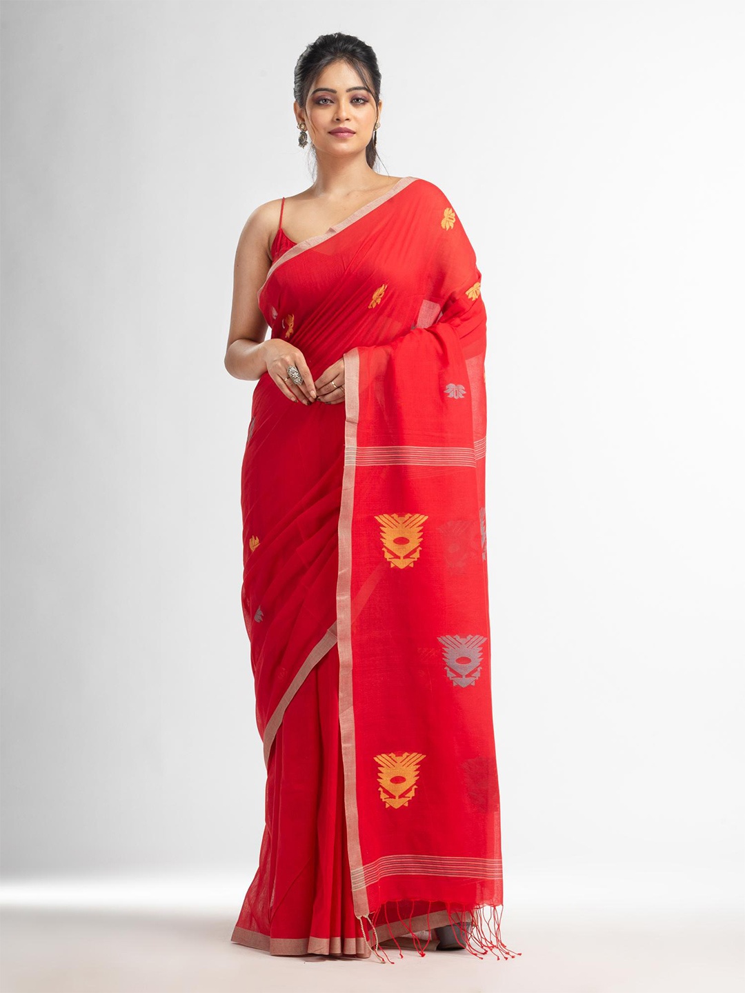 

Angoshobha Ethnic Motifs Woven Design Pure Cotton Saree, Red