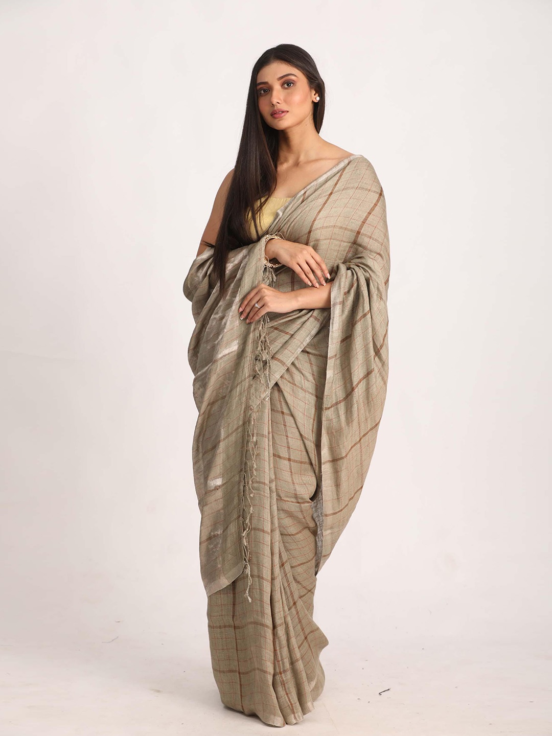 

Angoshobha Checked Woven Design Pure Linen Saree, Beige