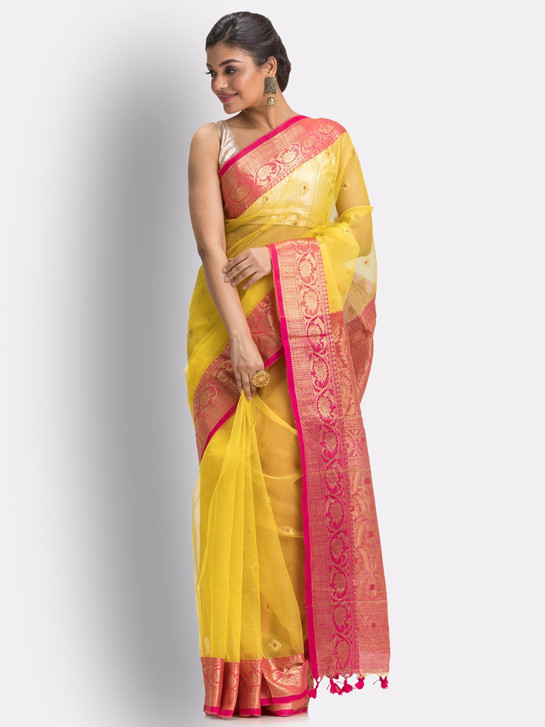 

Angoshobha Ethnic Motifs Zari Art Silk Saree, Yellow