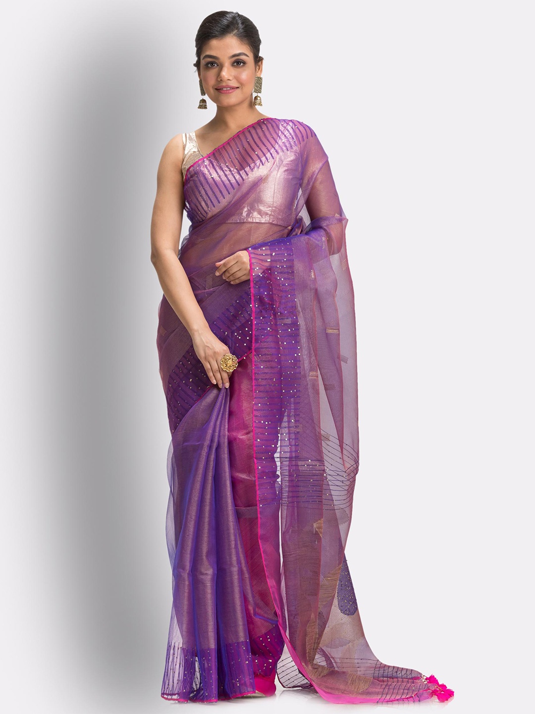 

Angoshobha Floral Sequinned Art Silk Jamdani Saree, Purple