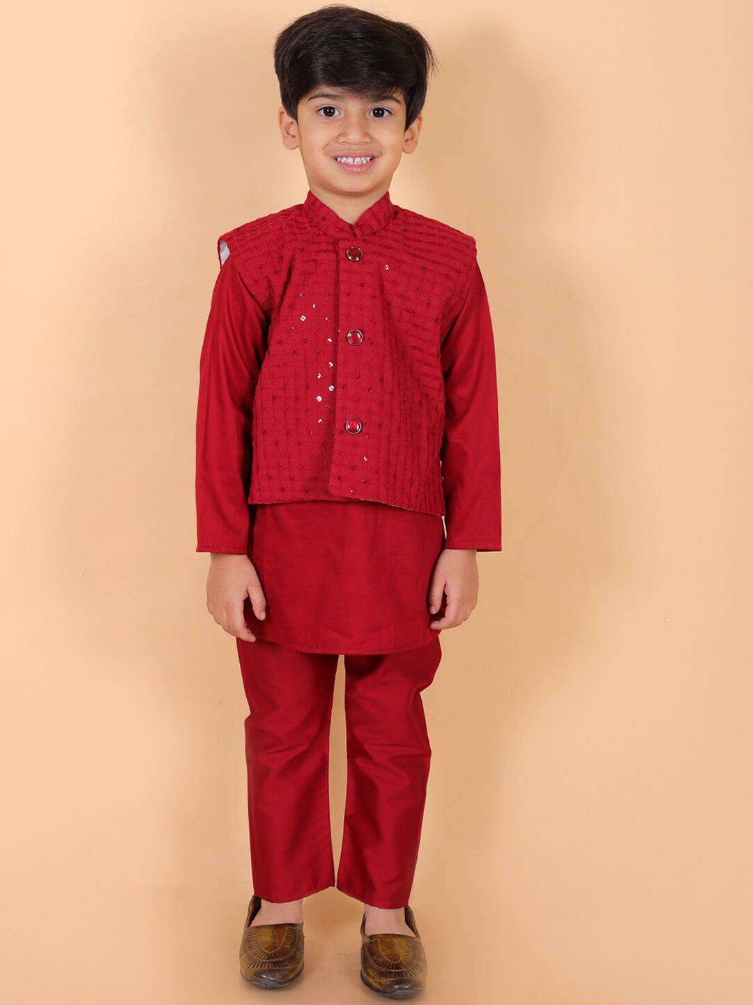 

BAESD Boys Regular Sequinned Kurta with Pyjamas, Red