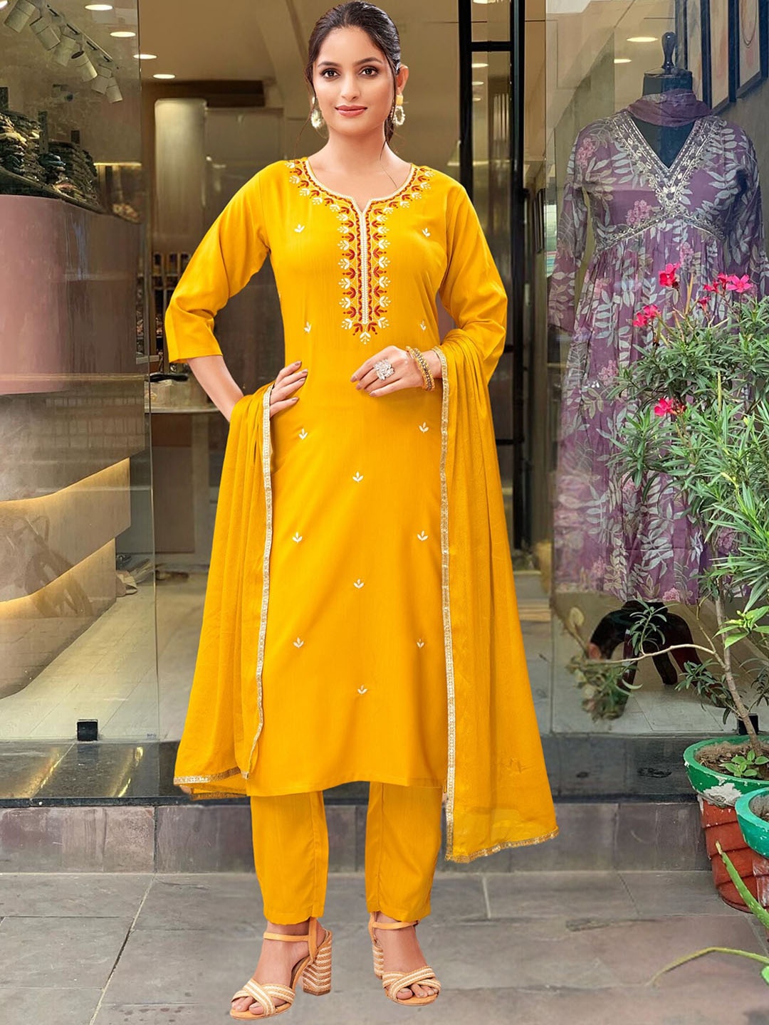 

KALINI Ethnic Motifs Embroidered Thread Work Kurta & Trousers With Dupatta, Yellow