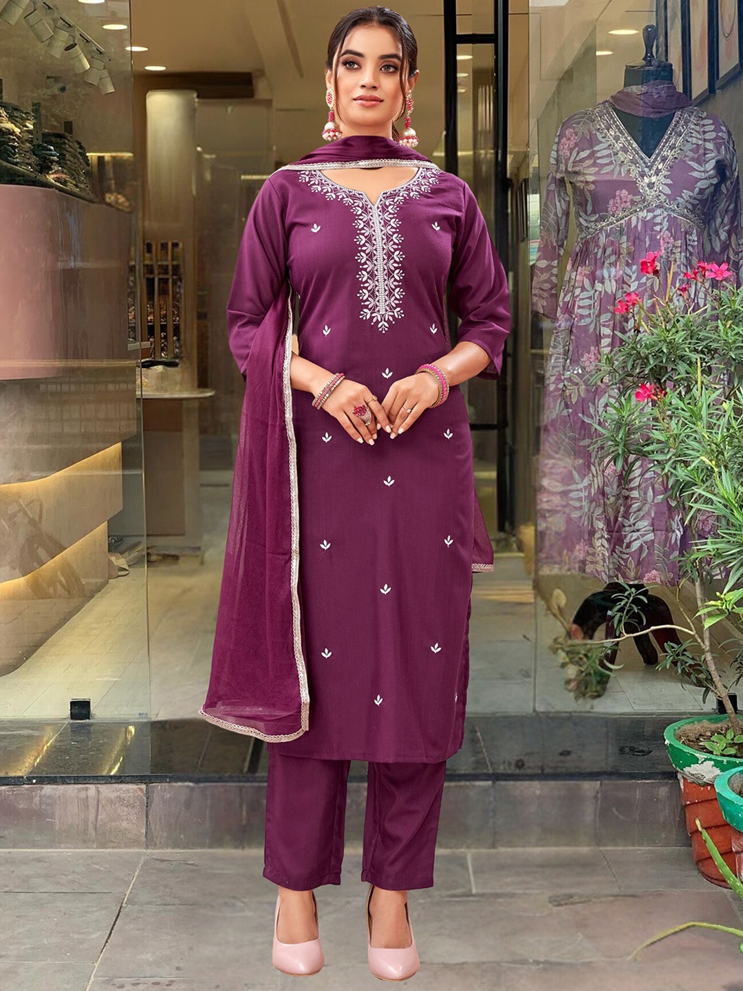 

NIZA FASHION Ethnic Motifs Embroidered Regular Cotton Kurta With Trousers & Dupatta, Purple