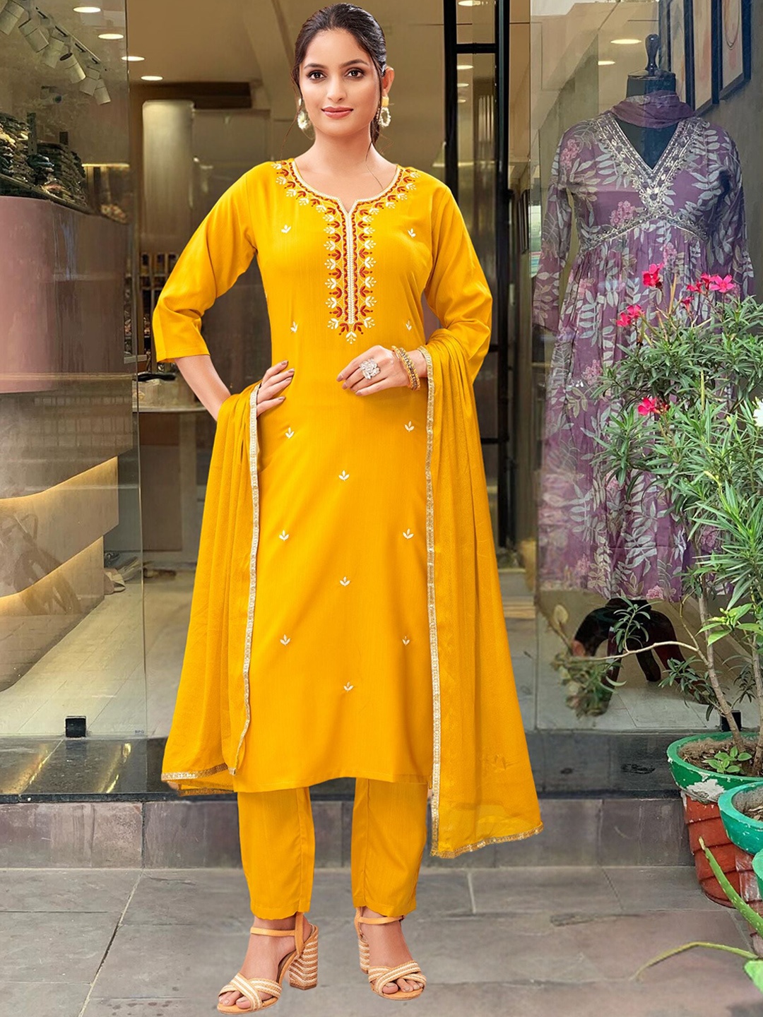 

NIZA FASHION Ethnic Motifs Embroidered Pure Cotton Straight Kurta With Trousers & Dupatta, Yellow