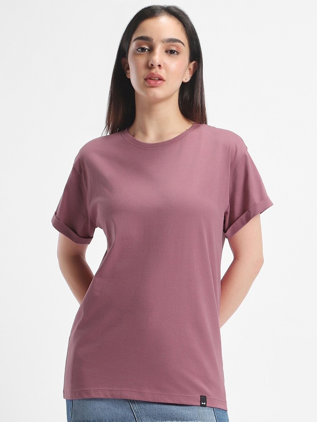 

Bewakoof Drop-Shoulder Sleeves Relaxed Boyfriend Fit Cotton T-shirt, Purple