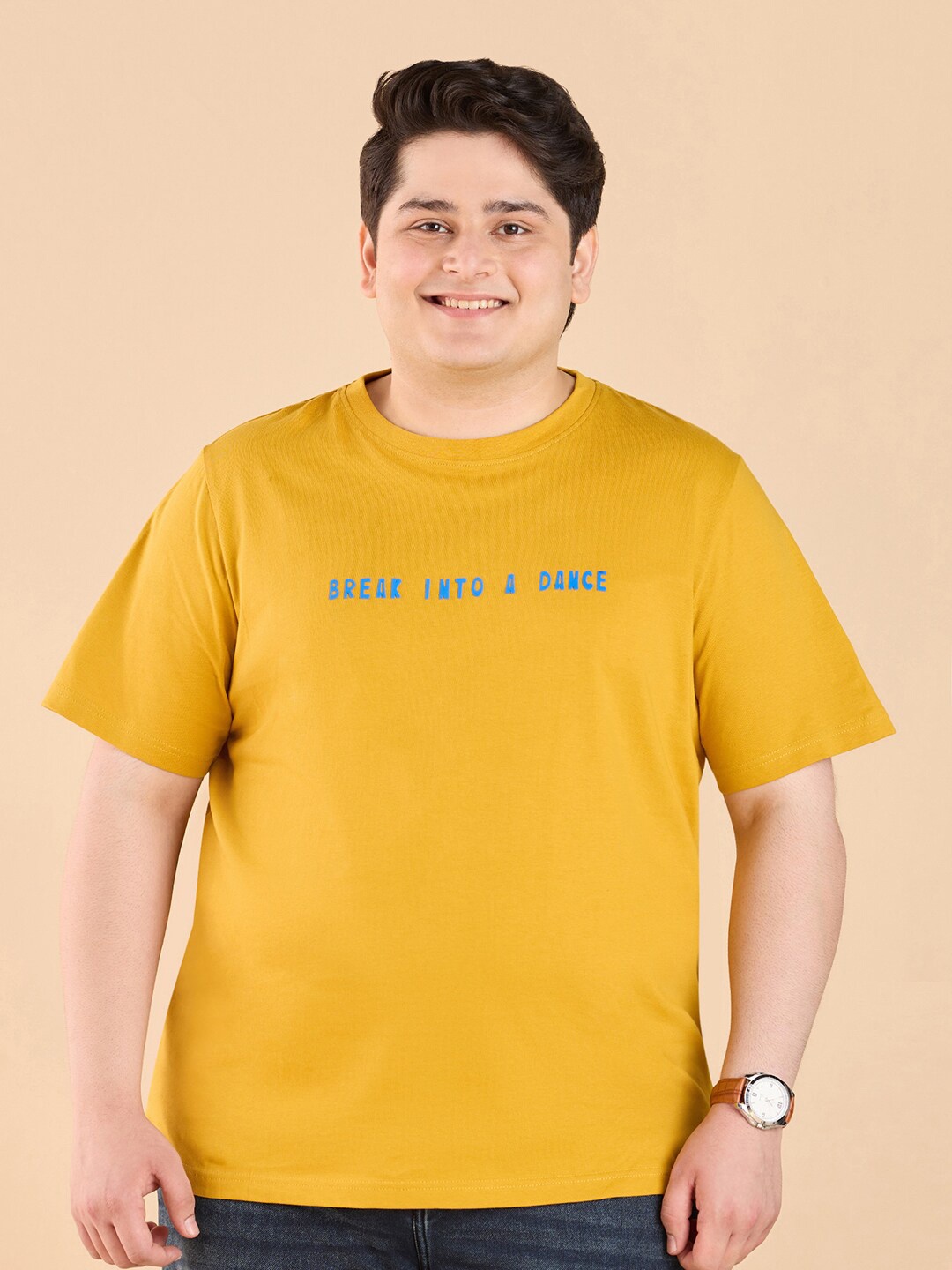 

Big Hello - The Plus Life Round Neck Typography Printed Cotton T-shirt, Mustard