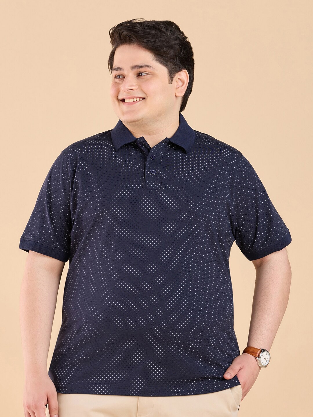 

BIG HELLO Plus Size Micro Ditsy Printed Polo Collar Short Sleeves Cotton Regular T-shirt, Navy blue