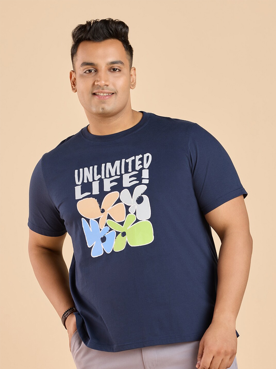 

Big Hello - The Plus Life Typography Printed Round Neck Cotton T-shirt, Navy blue