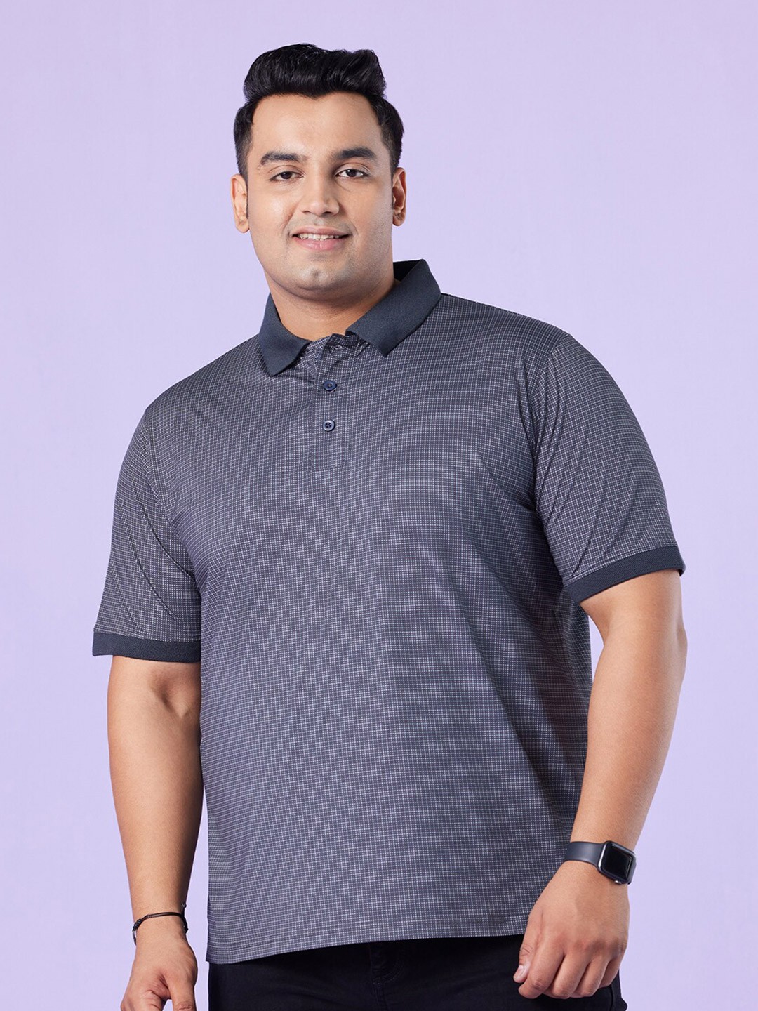 

Big Hello - The Plus Life Geometric Printed Polo Collar Cotton T-shirt, Grey