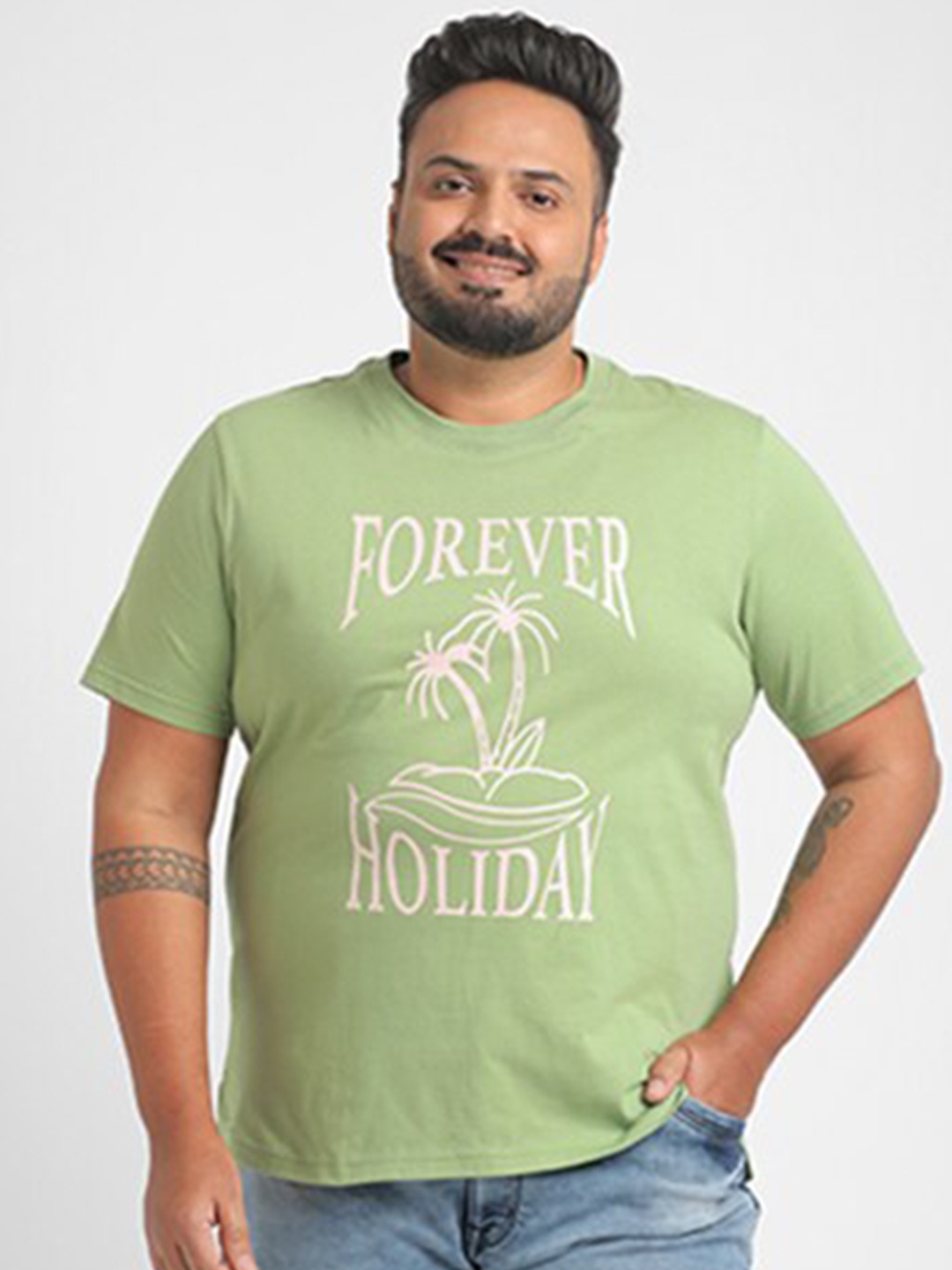 

Big Hello - The Plus Life Typography Printed Round Neck Cotton T-shirt, Green