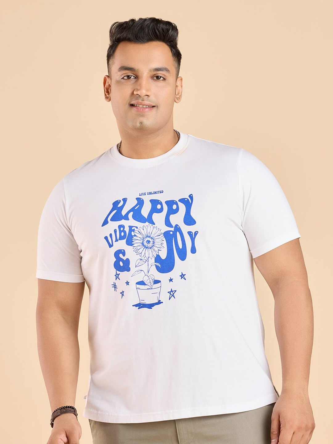

Big Hello - The Plus Life Typography Printed Round Neck Cotton T-shirt, White