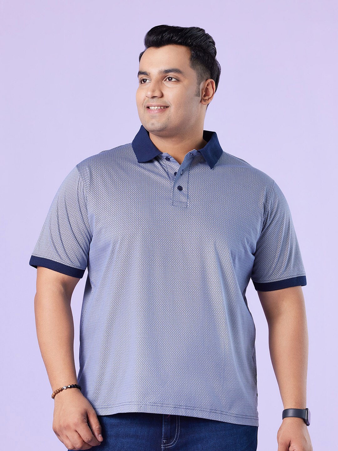 

Big Hello - The Plus Life Micro Ditsy Printed Polo Collar Cotton T-shirt, Navy blue