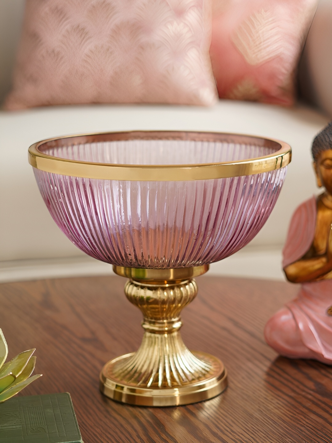 

Pure Home and Living Pink & Gold Toned Decorative Glass Bowl With Stand