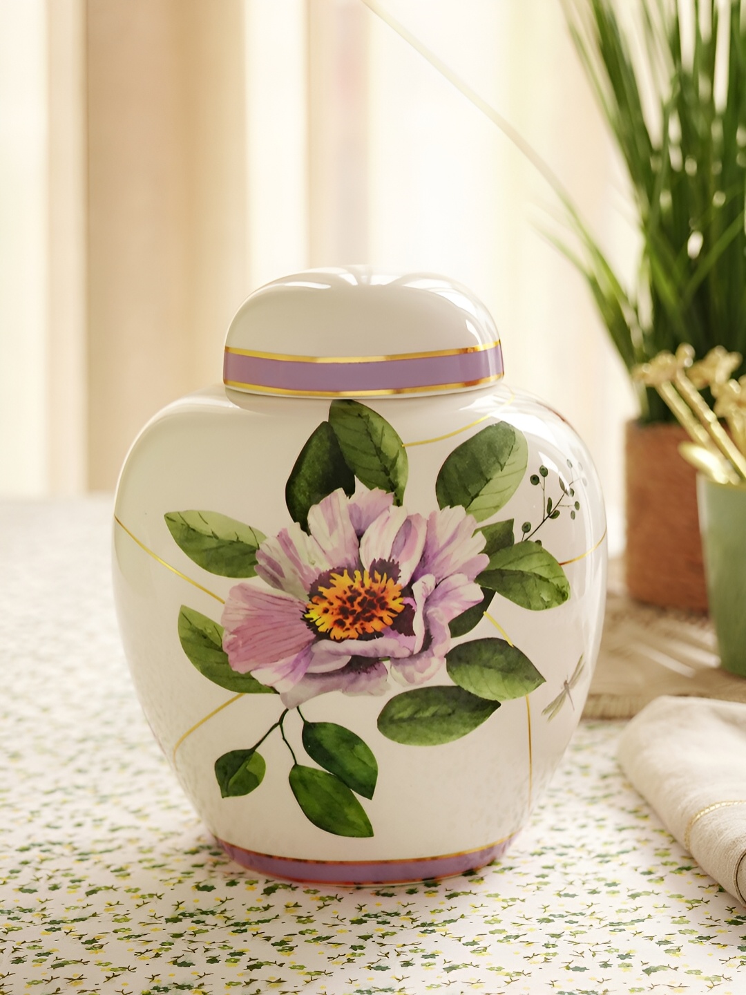 

Pure Home and Living Purple Floral Printed Convex Ceramic Canister With Lid