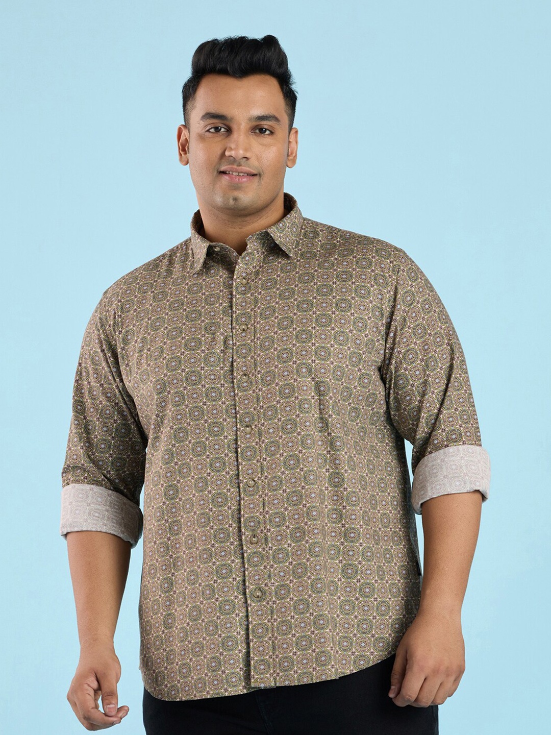 

Big Hello - The Plus Life Geometric Printed Cotton Twill Casual Shirt, Olive