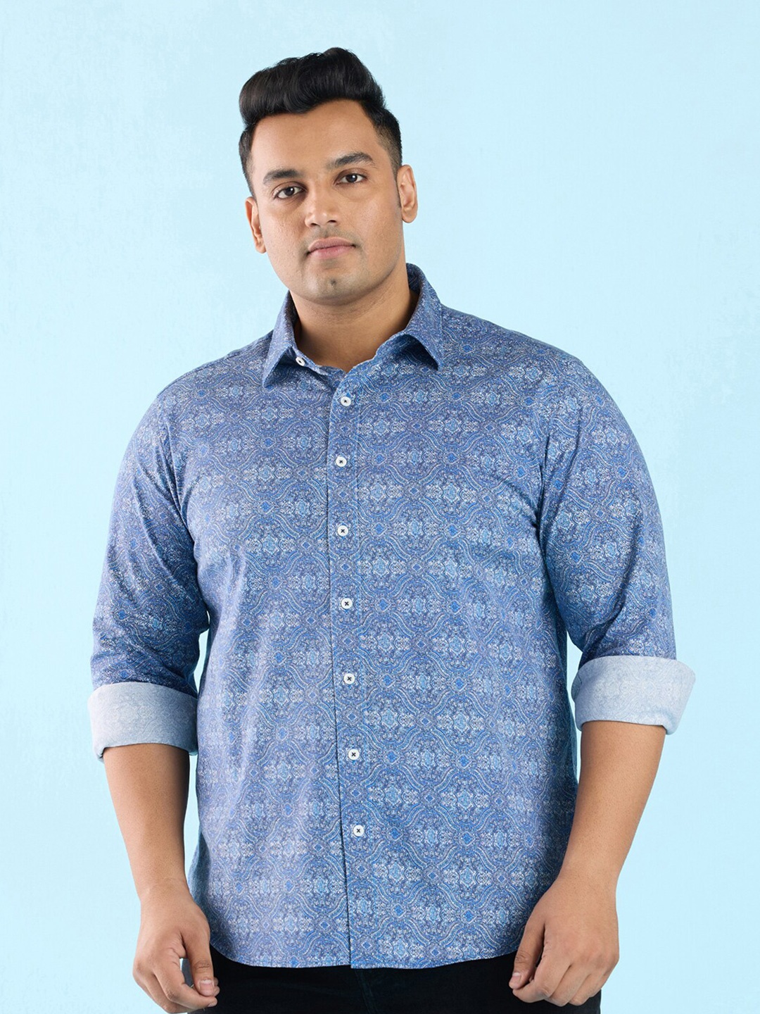 

Big Hello - The Plus Life Geometric Printed Cotton Casual Shirt, Blue