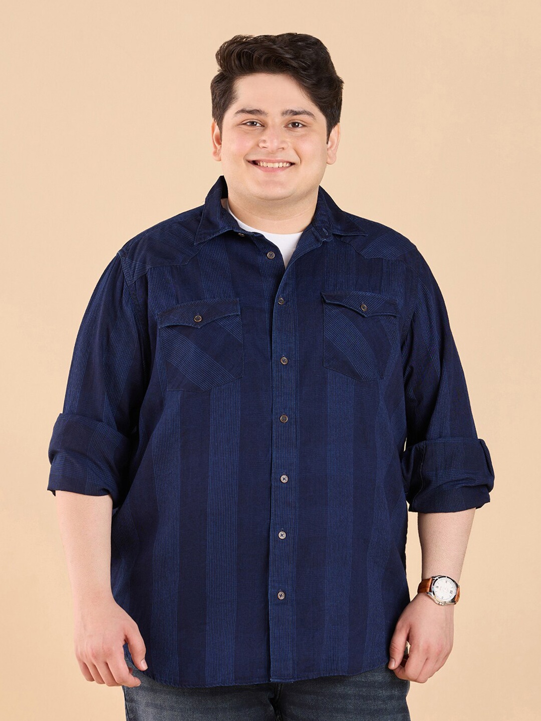 

Big Hello - The Plus Life Striped Cotton Casual Shirt, Navy blue