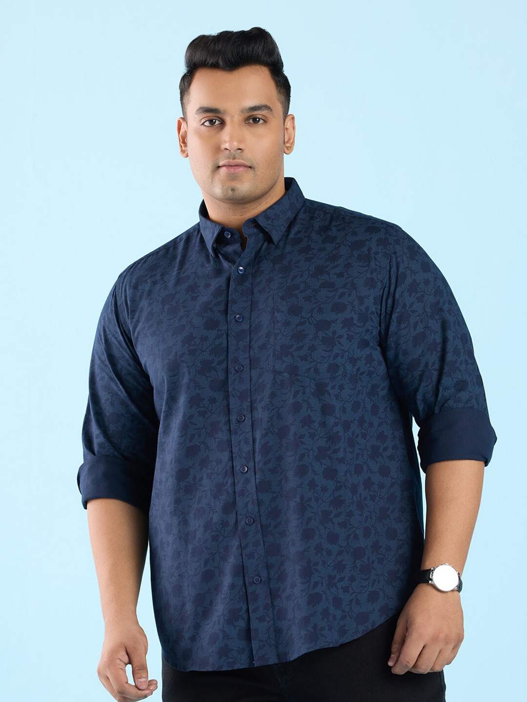 

Big Hello - The Plus Life Floral Printed Cotton Casual Shirt, Navy blue