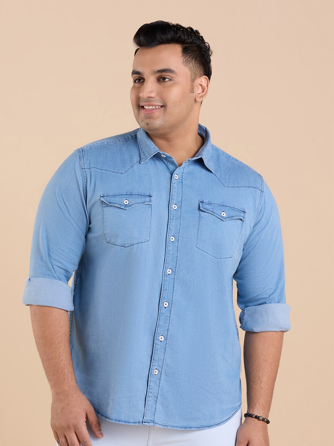 

Big Hello - The Plus Life Spread Collar Casual Denim Shirt, Blue