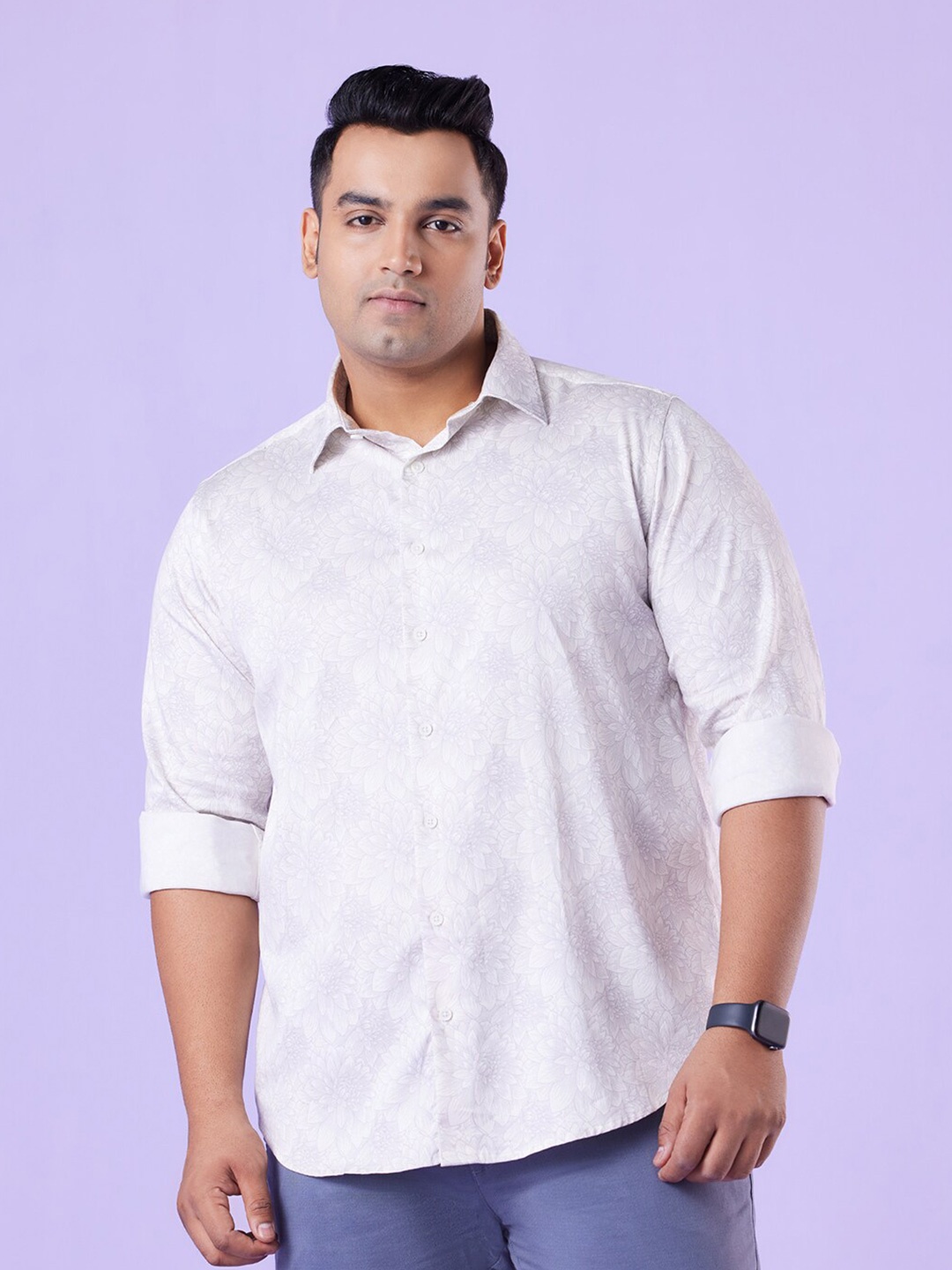 

Big Hello - The Plus Life Floral Printed Spread Collar Cotton Casual Shirt, Cream