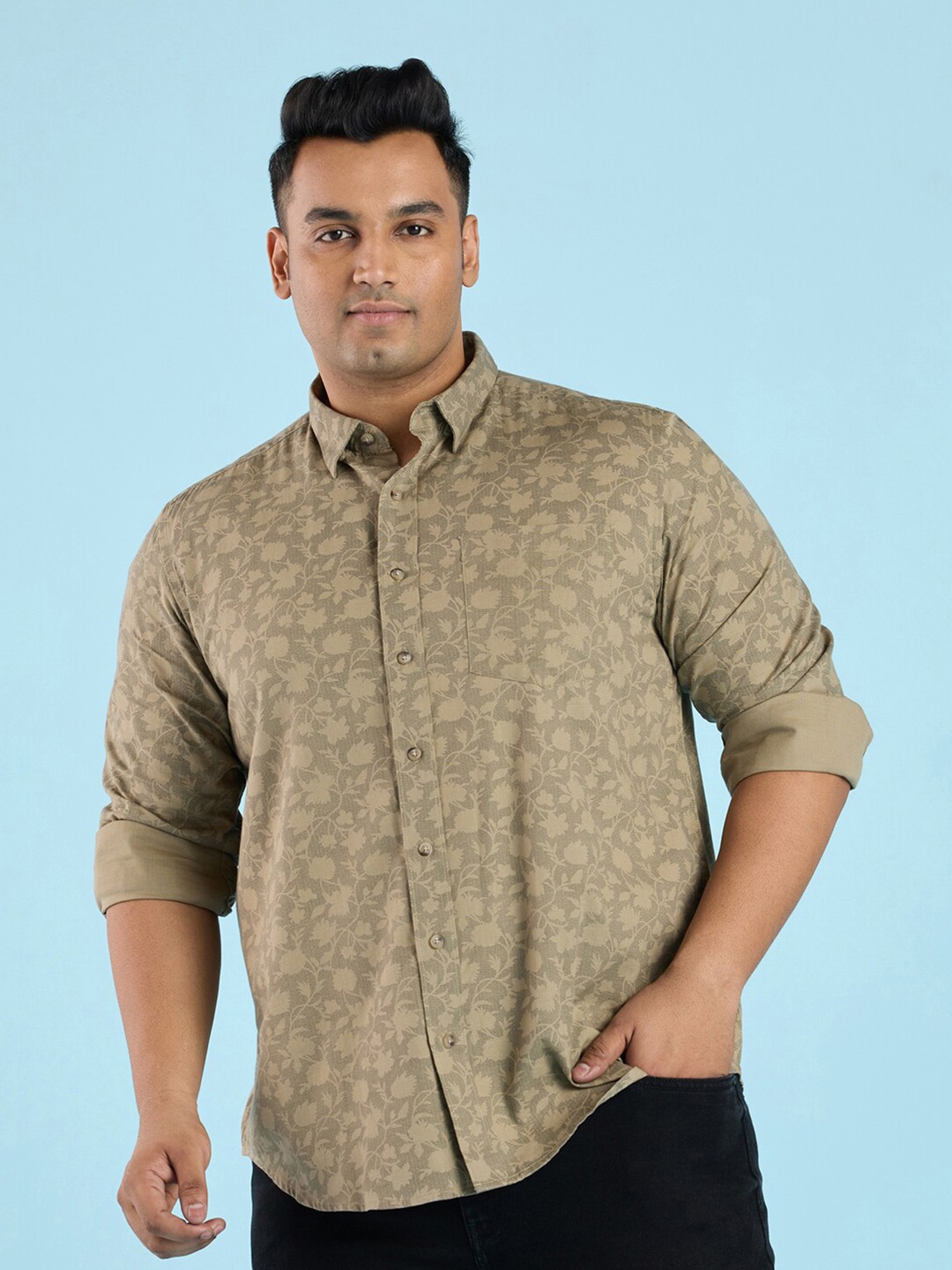 

Big Hello - The Plus Life Floral Printed Spread Collar Long Sleeves Cotton Casual Shirt, Olive