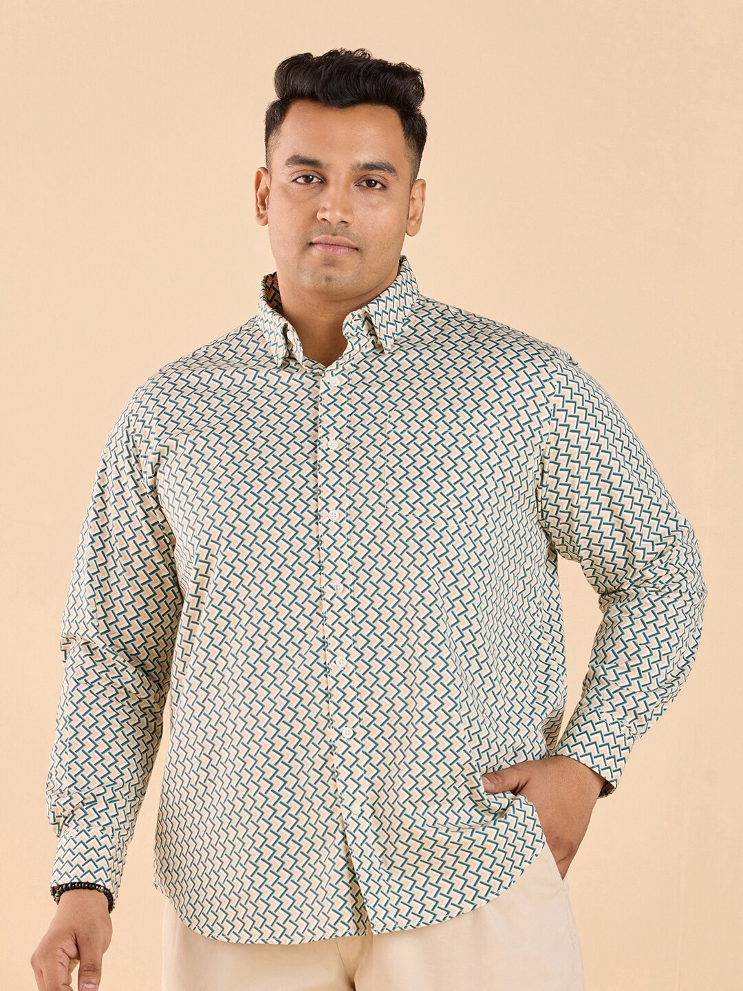 

Big Hello - The Plus Life Geometric Printed Twill Weave Cotton Casual Shirt, Blue
